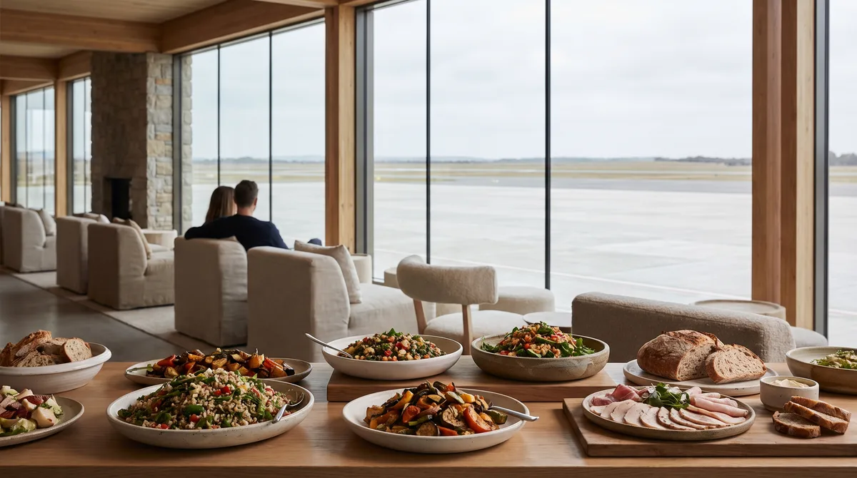 Anrettet mad i forgrunden i en lys lounge, gæster set bagfra, store vinduer ud mod forpladsen