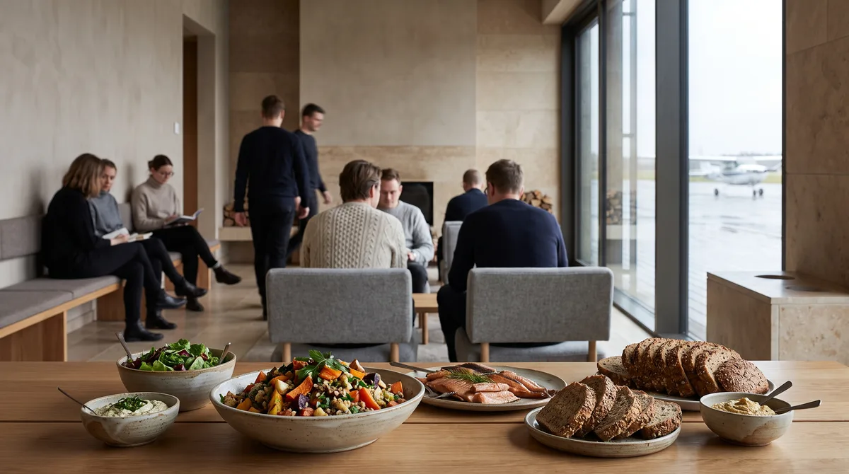 Lys lounge med anrettet mad i forgrunden, siddegrupper og store vinduer, gæster sløret i baggrunden
