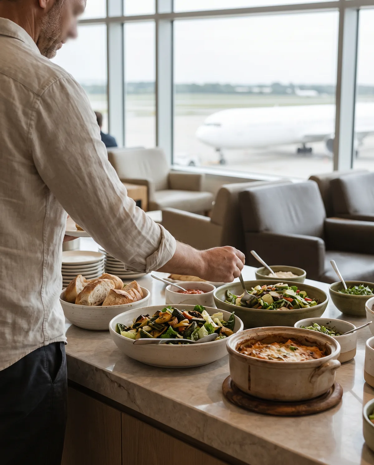 Gæst tager mad fra buffeten i loungen, set bagfra, maden i skarp fokus