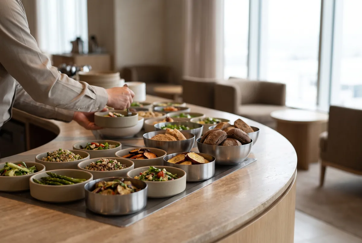 Små fade på en buffet fyldes op af en hånd, loungen sløret bagved